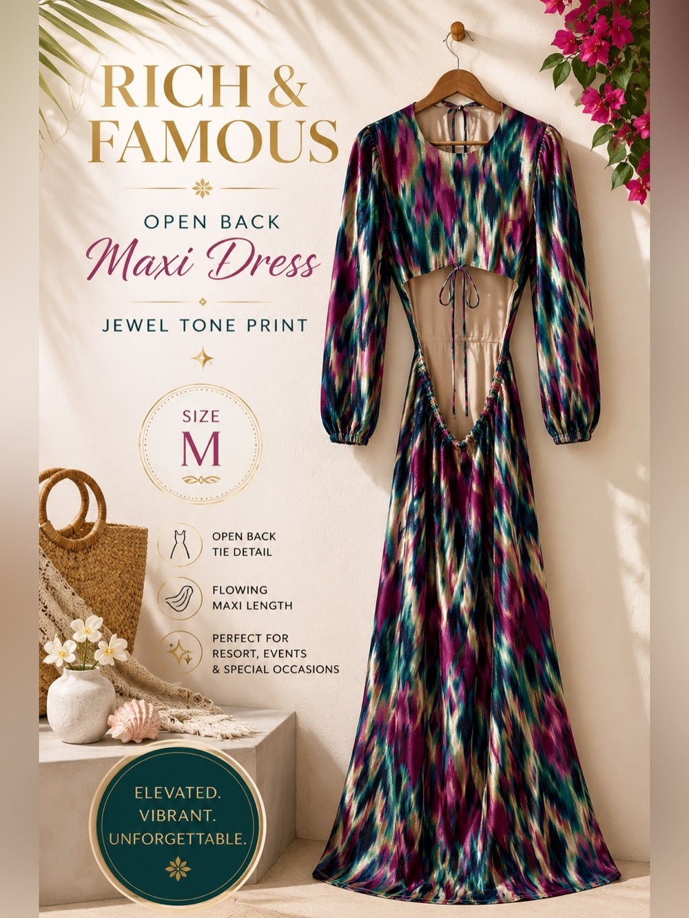 RICH & FAMOUS Open Back Printed Maxi Dress Size M